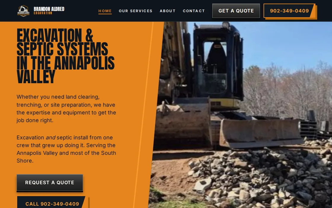 Screenshot of the Brandon Aldred Excavation homepage: a towering black condensed headline reading Excavation and Septic Systems in the Annapolis Valley on a construction-orange panel, beside a photo of an excavator working a rocky job site under a dark navy nav bar.