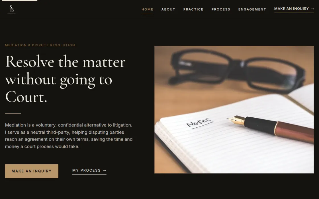 Screenshot of the Bauchman Mediation homepage: a classic serif headline on dark charcoal beside a calm editorial photo.