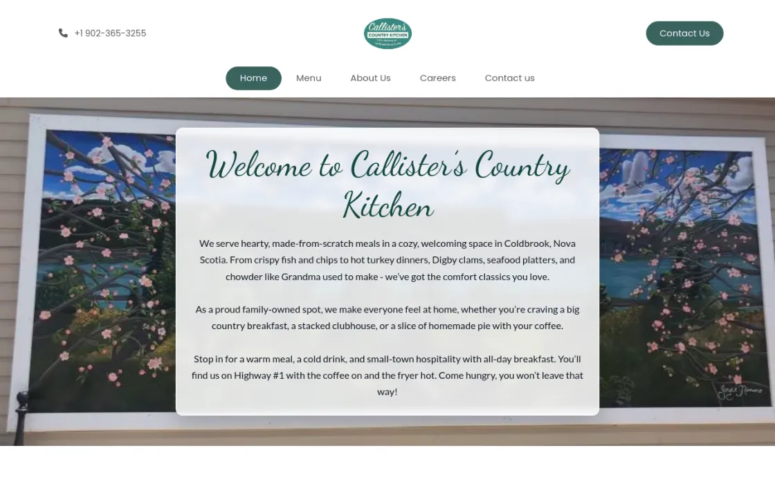 Screenshot of the Callister's Country Kitchen homepage: a flowing script welcome over a hand-painted mural.