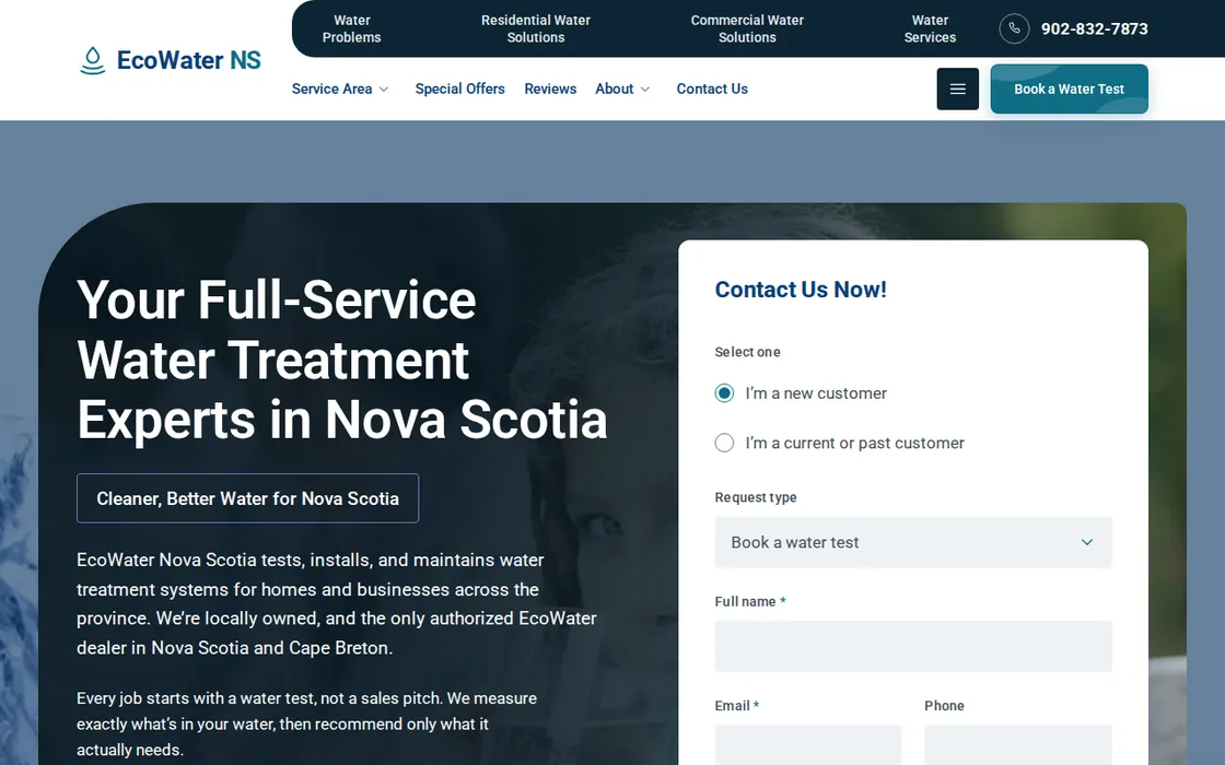Screenshot of the EcoWater NS homepage: a white headline reading Your Full-Service Water Treatment Experts in Nova Scotia on a deep navy panel beside a white Contact Us Now form, with a soft water photo behind.