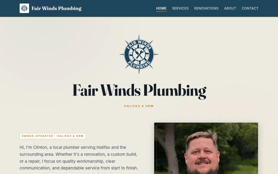 Screenshot of the Fair Winds Plumbing homepage: a navy compass-rose logo above an oversized serif nameplate on lighthouse cream.