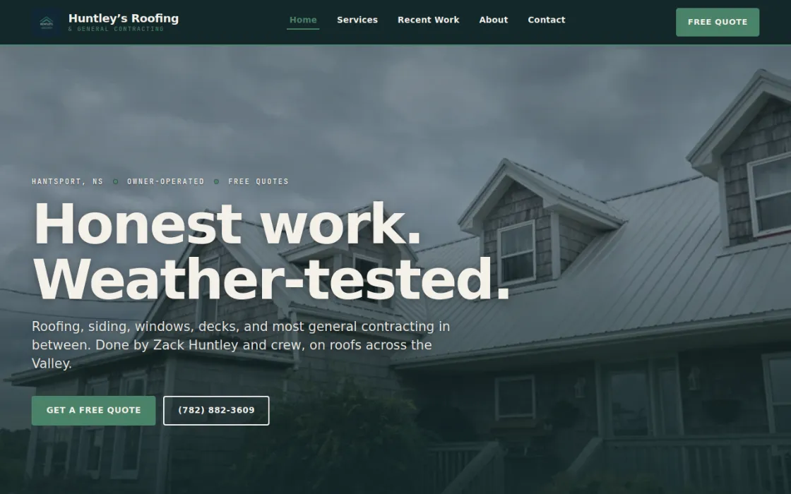 Screenshot of the Huntley's Roofing homepage: a bold cream headline over a full-bleed roofline photo.