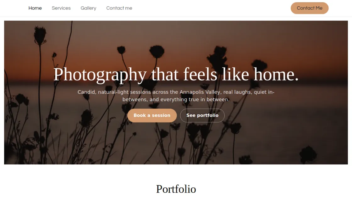 Screenshot of the Jess Morgan Photography homepage: an elegant serif headline over a moody sunset wildflower photo.