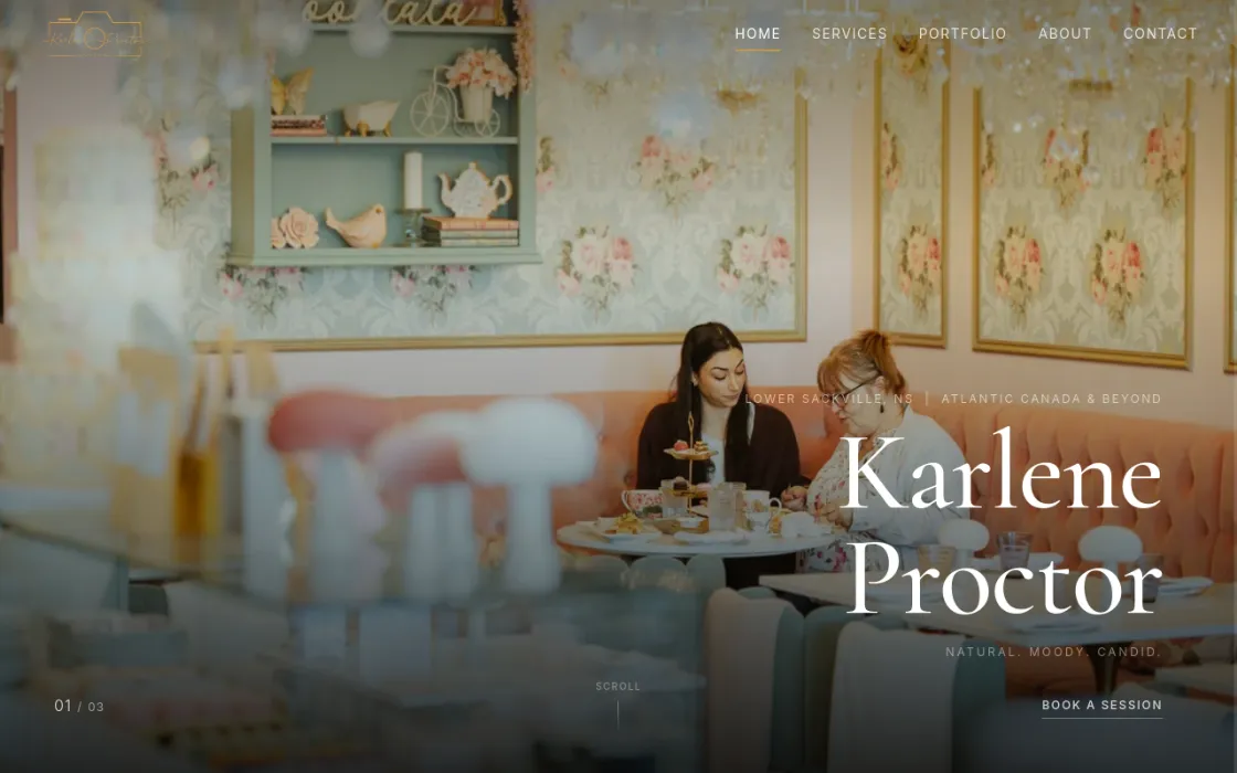 Screenshot of the Karlene-Proctor Photography homepage: an oversized serif nameplate over a cinematic photo.