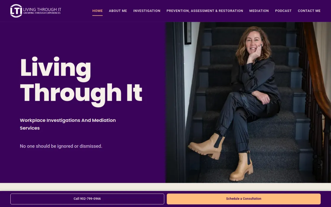Screenshot of the Living Through It homepage: a bold sans headline on deep purple beside a portrait on a staircase.