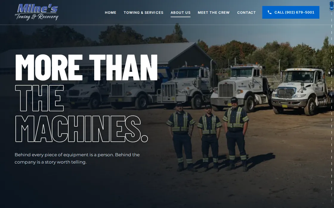 Screenshot of the Milne’s About page: Rob, Jason and Chris, in navy shirts with reflective stripes, stand in front of the fleet under the headline More than the machines.