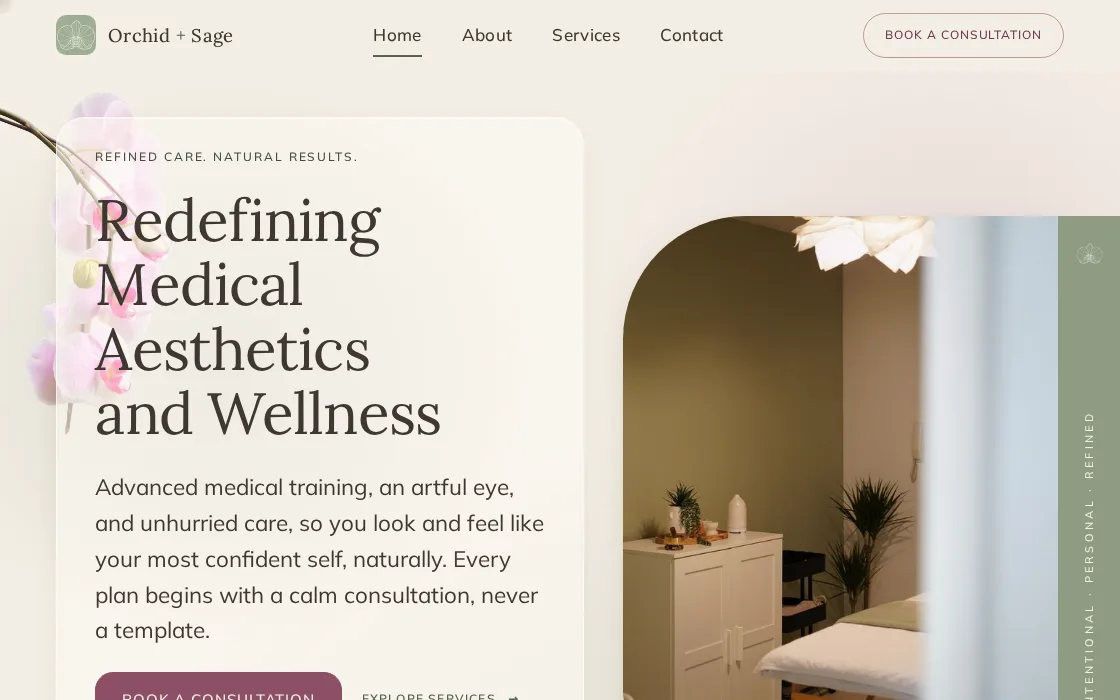 Screenshot of the Orchid + Sage Aesthetics and Wellness homepage: a calm editorial serif headline on warm ivory beside an arched treatment-room photo, with orchid blooms in the margin.