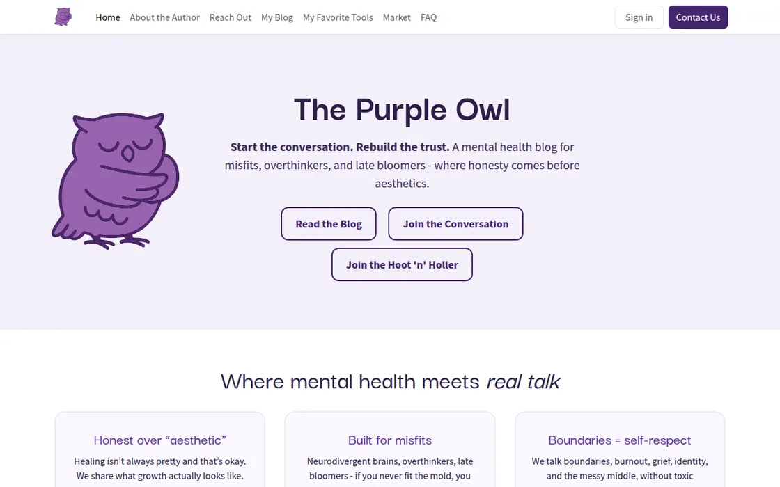 Screenshot of The Purple Owl homepage: a bold plum headline reading The Purple Owl beside an illustrated purple owl mascot on a soft lavender background.
