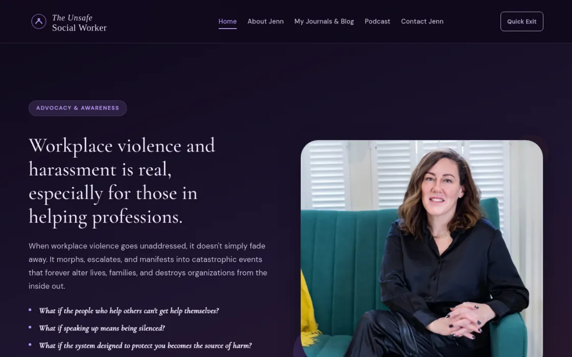 Screenshot of The Unsafe Social Worker homepage: a refined serif headline on a deep plum gradient beside a portrait.