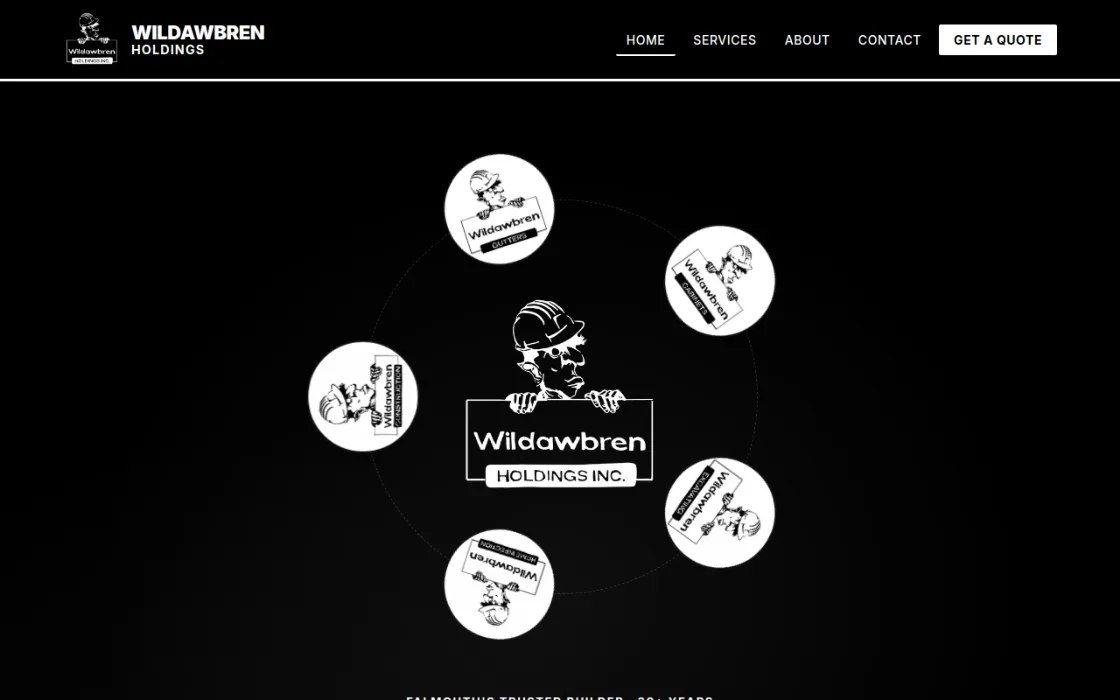 Screenshot of the Wildawbren Holdings homepage: a hand-drawn builder mascot ringed by orbiting service badges in stark black and white.