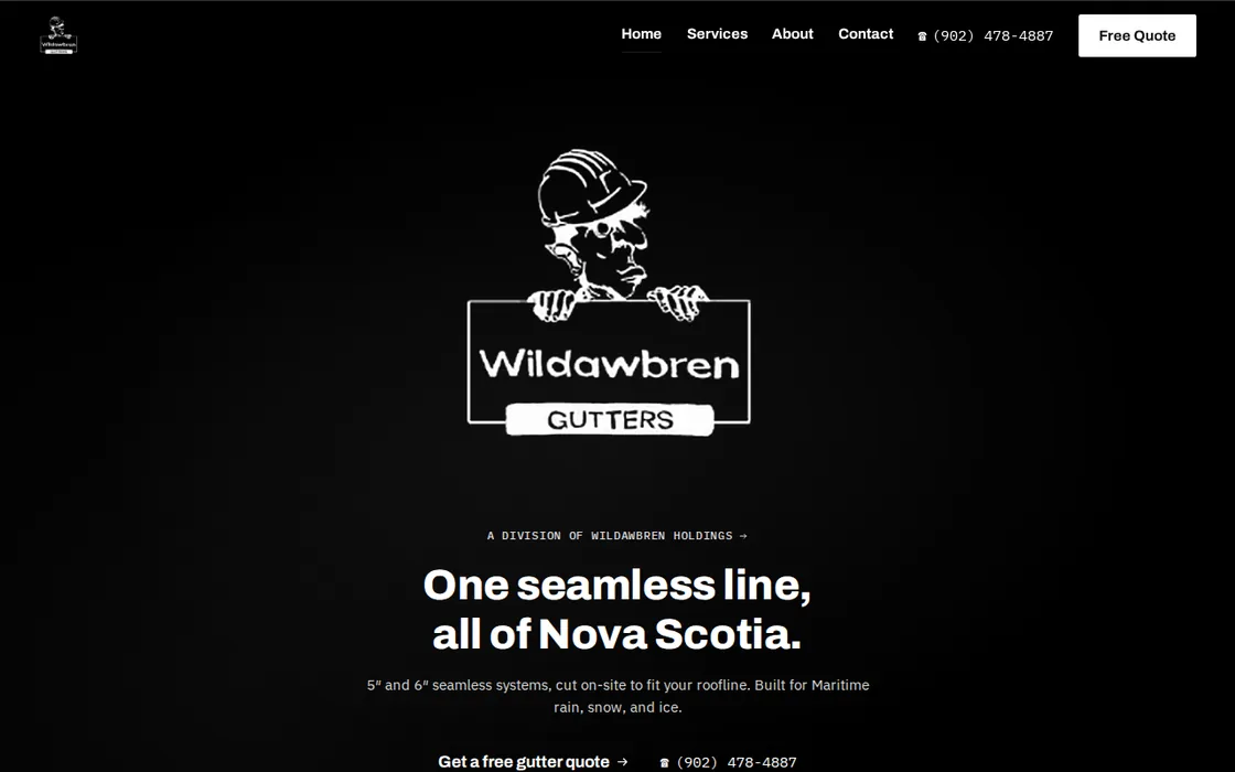 Screenshot of the Wildawbren Gutters homepage: the hand-drawn hardhat mascot peering over a white Wildawbren Gutters signboard on a black homepage banner, above a bold white headline reading One seamless line, all of Nova Scotia.
