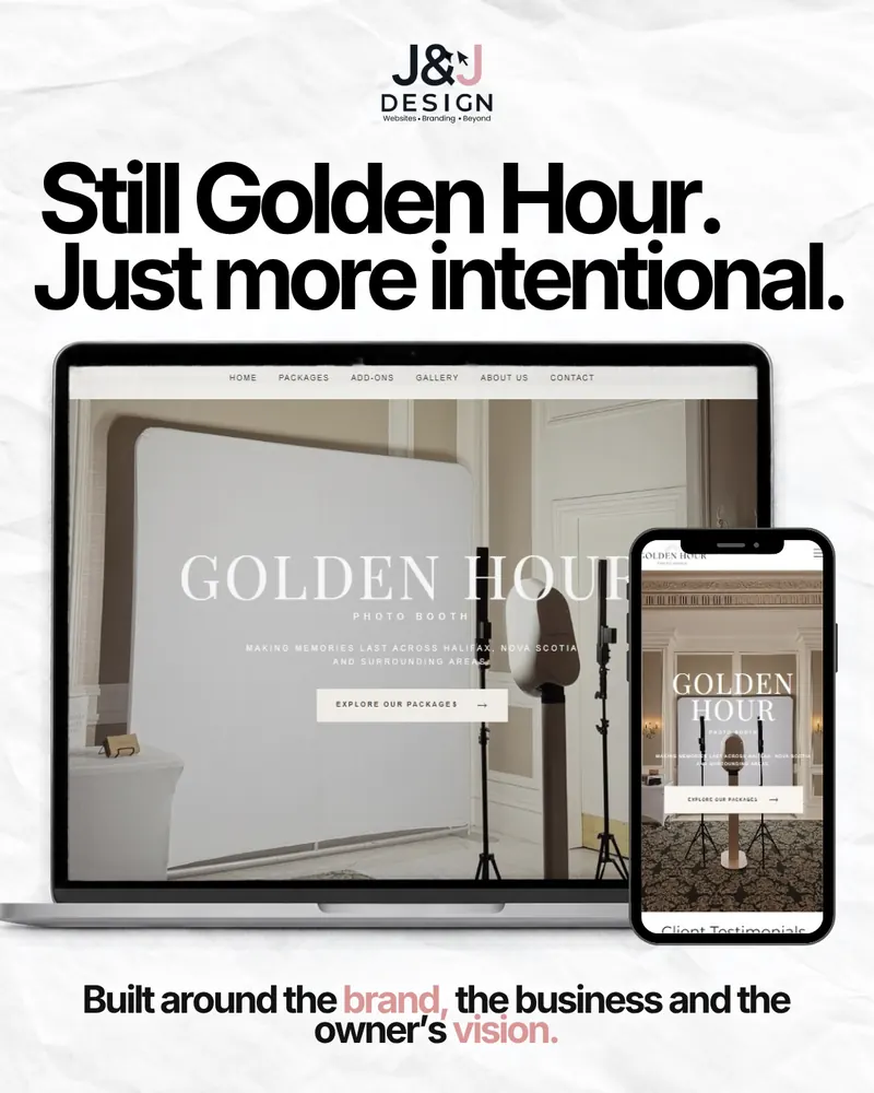 Slide: Still Golden Hour, just more intentional. The finished Golden Hour Photo Booth website on a laptop and a phone, built around the brand, the business and the owner's vision.