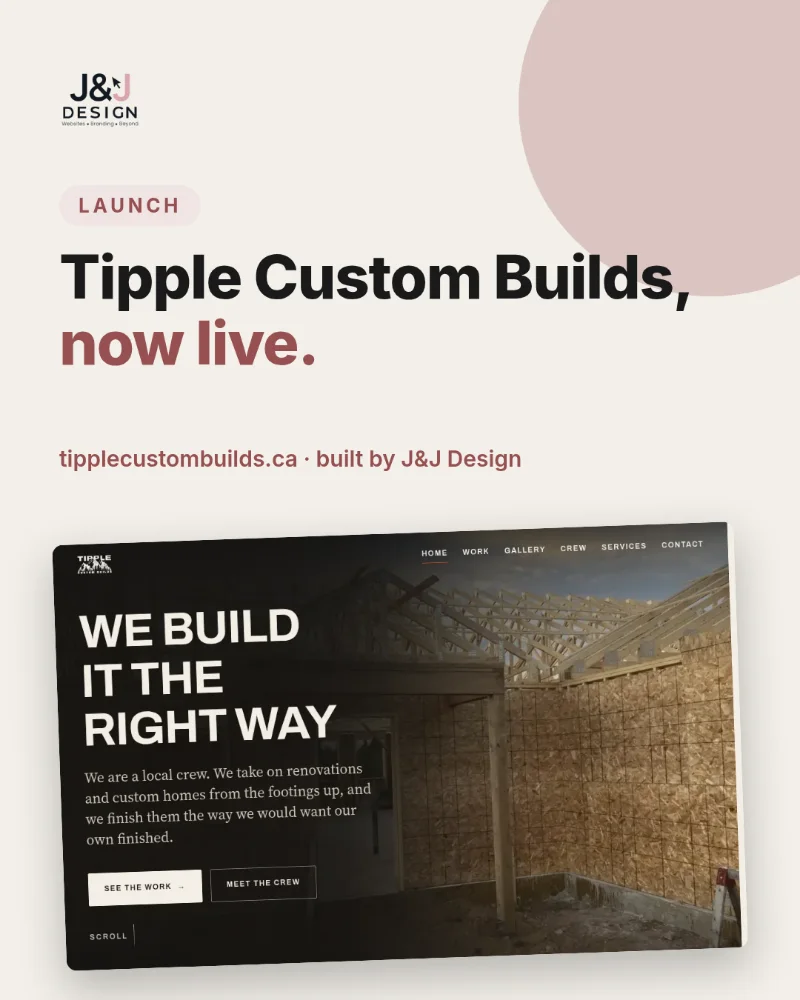 Launch cover: Tipple Custom Builds, now live. The dark Tipple homepage with the headline We build it the right way.