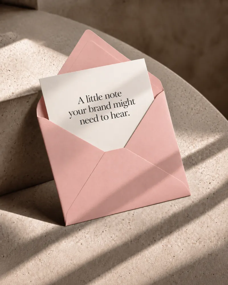A pink envelope holding a card that reads: A little note your brand might need to hear.