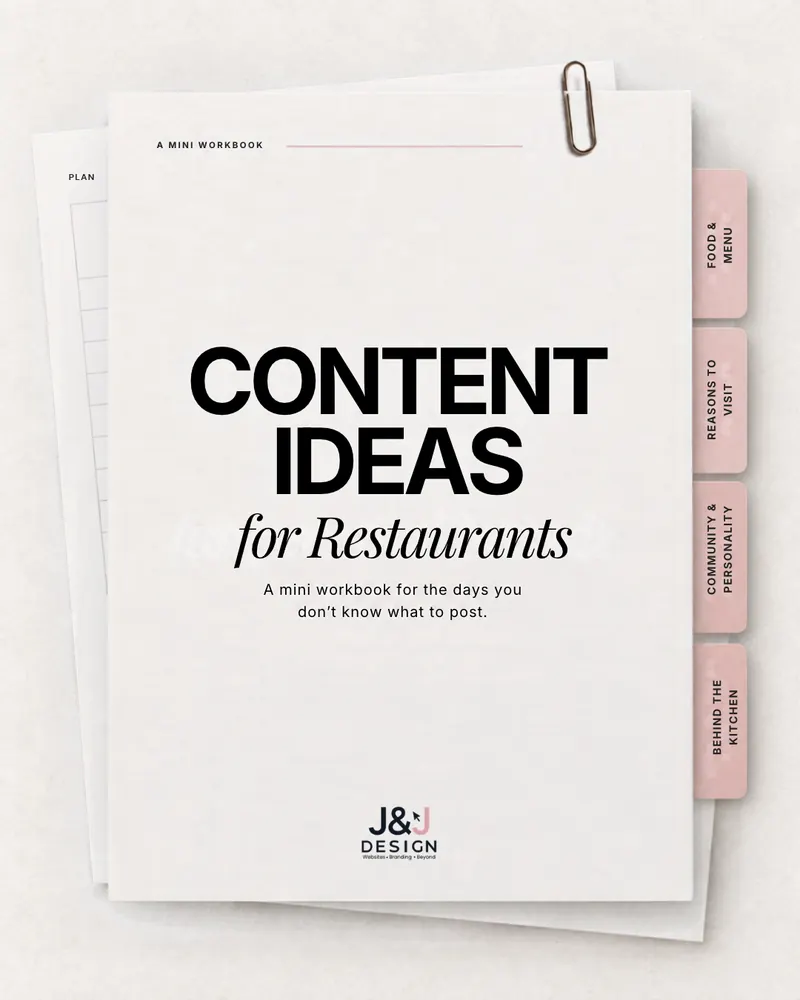 Workbook cover: Content ideas for restaurants, a mini workbook for the days you don't know what to post, with tabs for food and menu, reasons to visit, community and personality, and behind the kitchen.