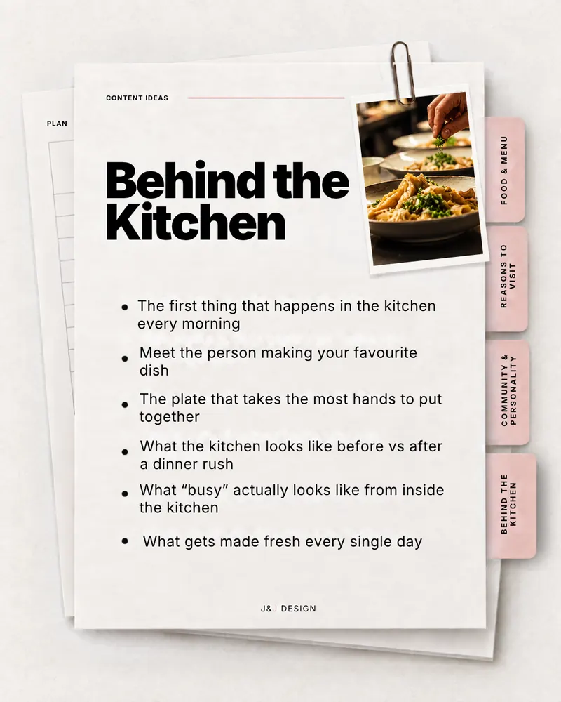 Workbook page: Behind the kitchen. The first thing that happens in the kitchen every morning. Meet the person making your favourite dish. The plate that takes the most hands to put together. What the kitchen looks like before vs after a dinner rush. What busy actually looks like from inside the kitchen. What gets made fresh every single day.
