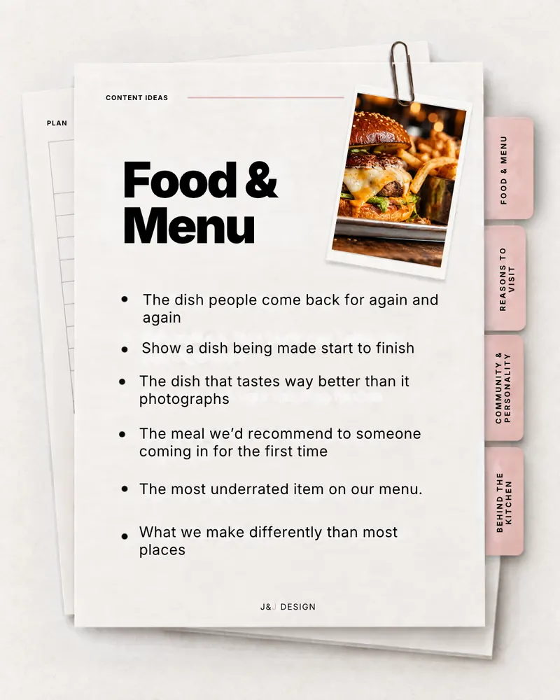 Workbook page: Food and menu. The dish people come back for again and again. Show a dish being made start to finish. The dish that tastes way better than it photographs. The meal we'd recommend to someone coming in for the first time. The most underrated item on our menu. What we make differently than most places.