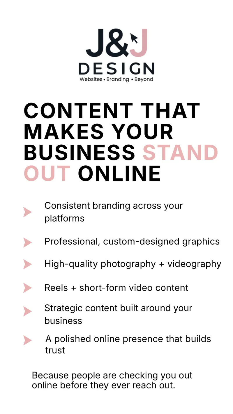 Content that makes your business stand out online: consistent branding across platforms, custom-designed graphics, photography and videography, reels and short-form video, strategic content and a polished presence that builds trust.