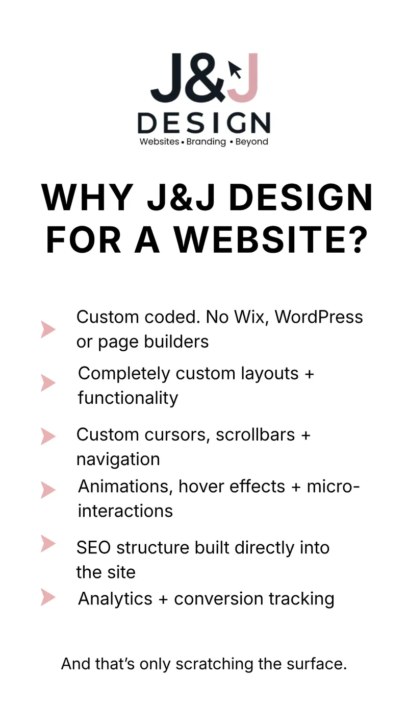 Why J&J Design for a website? Custom coded with no Wix, WordPress or page builders, custom layouts and functionality, custom cursors, scrollbars and navigation, animations and micro-interactions, SEO structure built in, and analytics and conversion tracking.