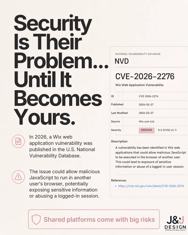 Slide: Security is their problem until it becomes yours. It cites CVE-2026-2276, a Wix web application vulnerability listed in the U.S. National Vulnerability Database.