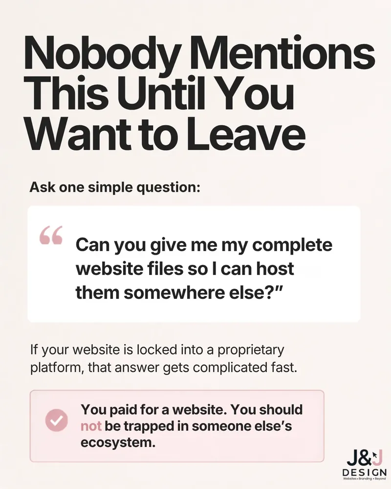 Slide: Nobody mentions this until you want to leave. Ask one simple question: can you give me my complete website files so I can host them somewhere else?
