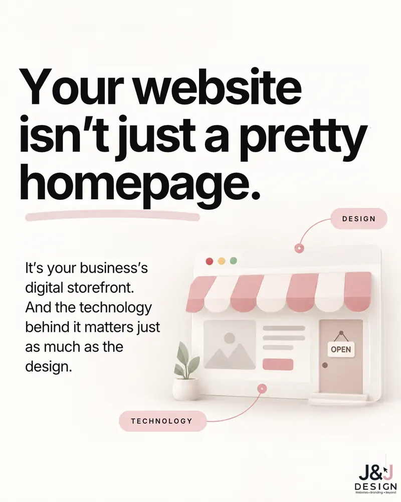 Slide: Your website isn't just a pretty homepage. It's your business's digital storefront, and the technology behind it matters just as much as the design. A shopfront with a striped awning and an Open sign, labelled Design and Technology.
