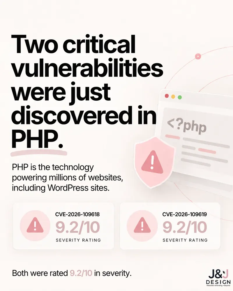 Slide: Two critical vulnerabilities were just discovered in PHP. PHP is the technology powering millions of websites, including WordPress sites. CVE-2026-109618 and CVE-2026-109619, each with a 9.2/10 severity rating. Both were rated 9.2/10 in severity.