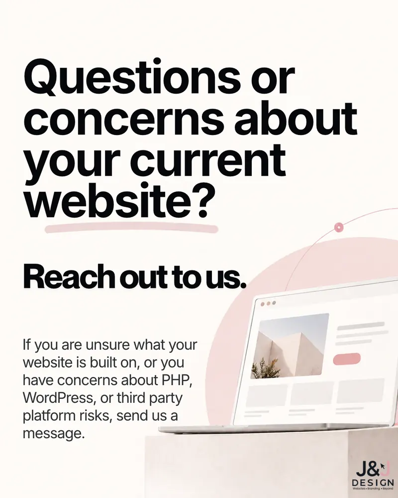 Slide: Questions or concerns about your current website? Reach out to us. If you are unsure what your website is built on, or you have concerns about PHP, WordPress, or third party platform risks, send us a message.